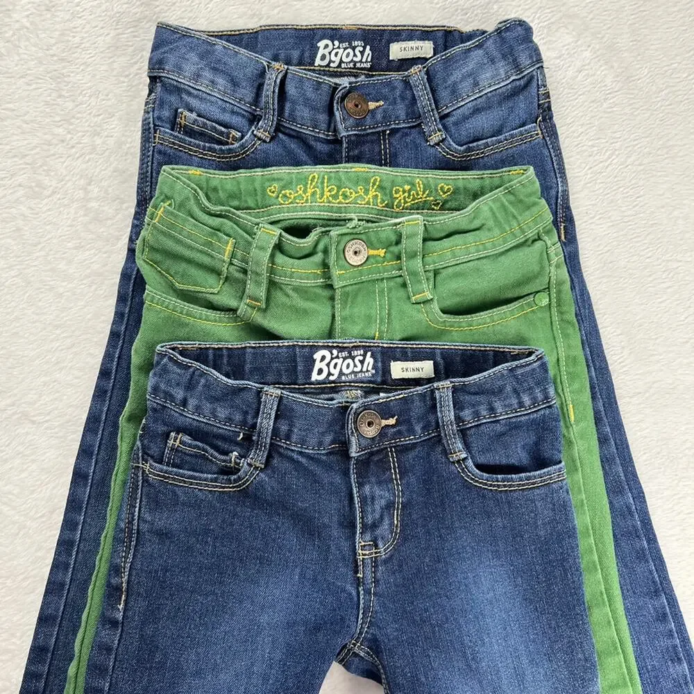 Oshkosh Girls Size 5 Slim Lot Blue Jeans Green pants Adjustable waistband